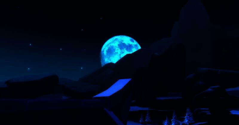 北海冰宫外观全景，冰蓝色建筑在雪地中闪耀，周围雪花飘落