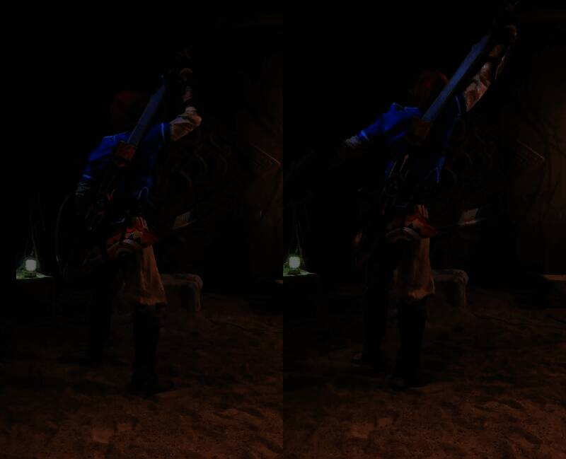 Sakigake侧身展示剑鞘位置，手臂难以触及剑柄