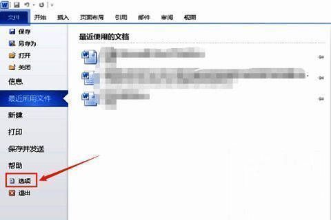 Word选项窗口入口，列表中高亮显示'选项'按钮位置