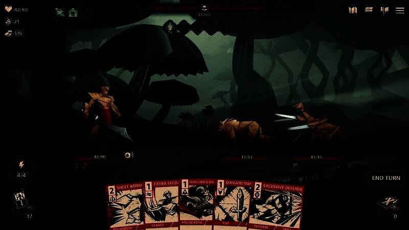 角色在折纸荒野中前行，脚下是裂开的文字地面，远处有巨型纸兽出没