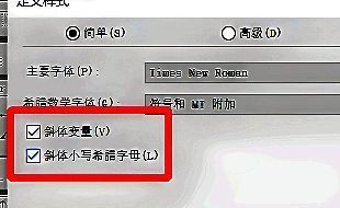Mathtype简单设置页面中勾选斜体变量和小写希腊字母的界面截图