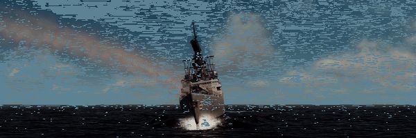 游戏内动态战斗GIF动图，展示一艘驱逐舰发射防空导弹拦截来袭战机，导弹尾焰在空中留下轨迹，舰载雷达不断扫描周围空域