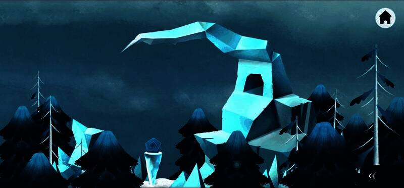 冰棱洞穴内，透明冰柱林立，松鼠蹲在高处，下方五边形冰块正从其爪边滑落