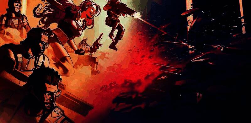 概念艺术图展示Project U游戏场景，荒废城市中人类小队与机械敌人激烈交火，天空布满红色警报光效