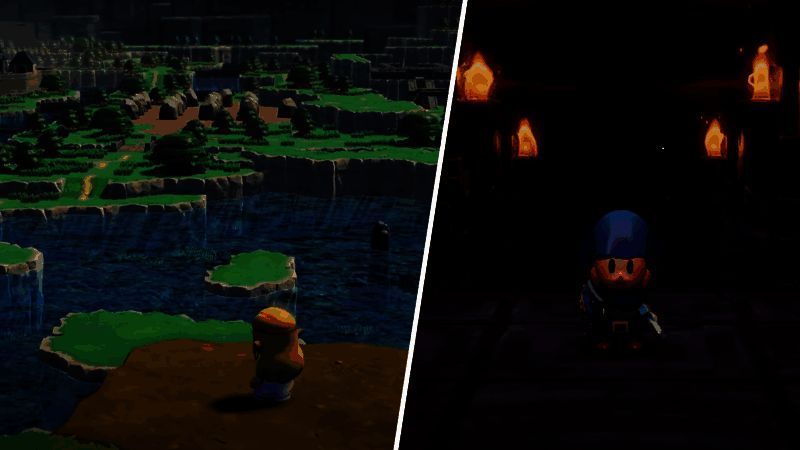 《塞尔达传说：智慧的再现》游戏画面，塞尔达公主手持法杖施展魔法，背景为破碎的神殿遗迹，光影效果细腻