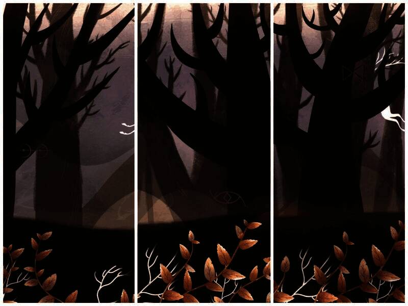 黑影出现在林间空地中央，背景浮现多个可点击的符文图案，玩家需回忆并选择正确组合