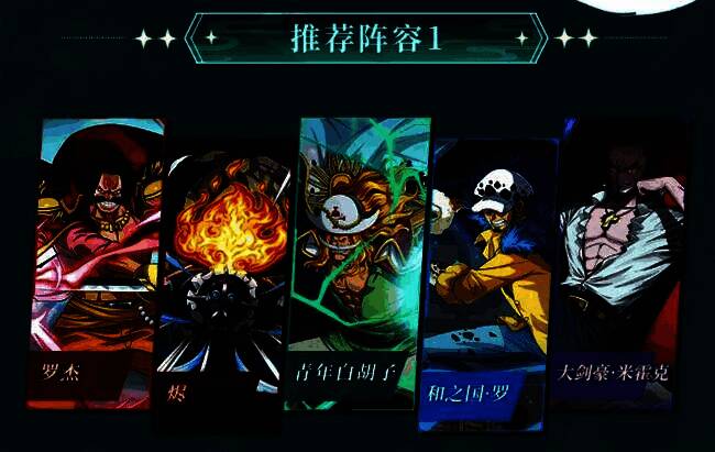 青年白胡子与多位角色组成强力阵容站位图，阵容标签清晰标注