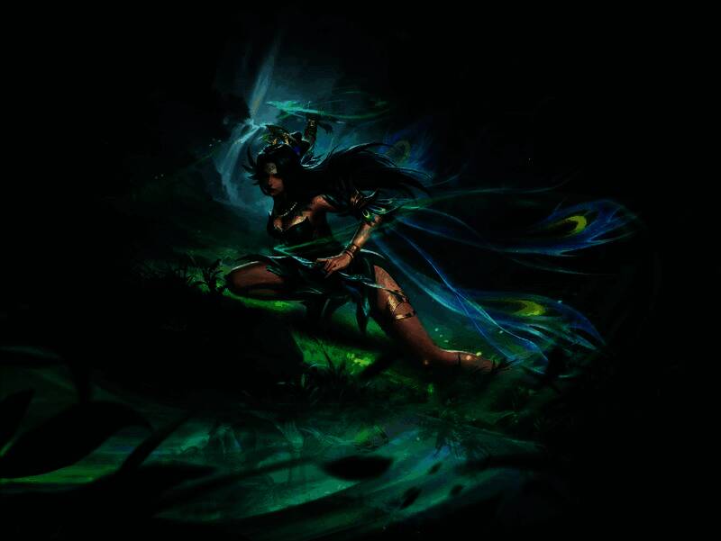 孔雀明王角色立绘，身披金羽法袍，双翼展开，眼神凌厉，周身环绕雷火之力