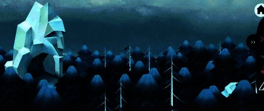 《深林》剧情关键画面，角色跪在父亲身旁，一只黑色小鸟停在枯枝上，空中浮现半透明雄鹿虚影，氛围压抑而神秘