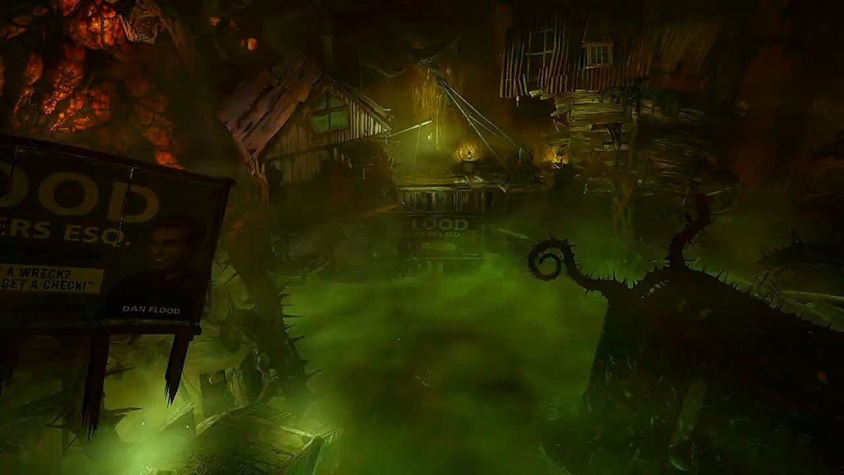 游戏标题界面设计，背景为血红色的夕阳与剪影森林