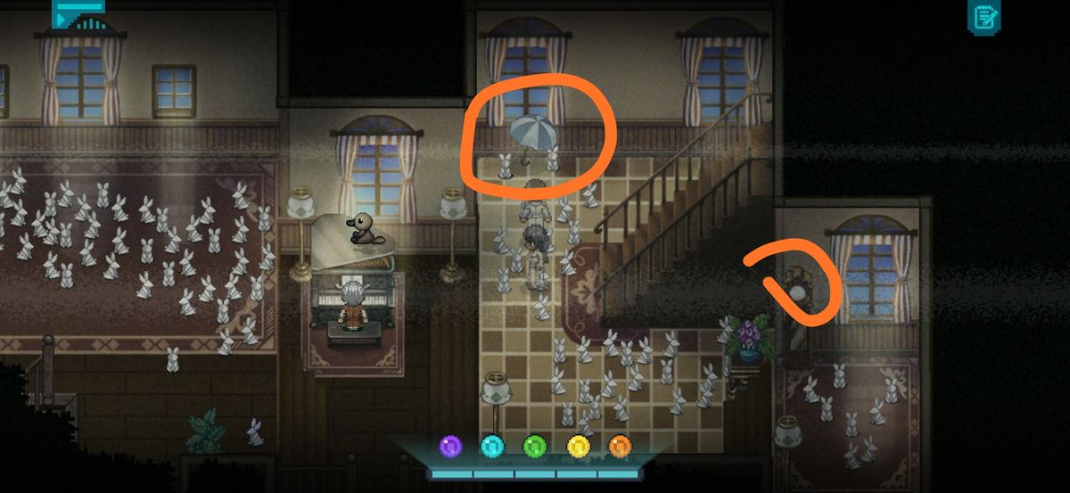 《去月球》第一关物品分布图，标注了所有关键收集点