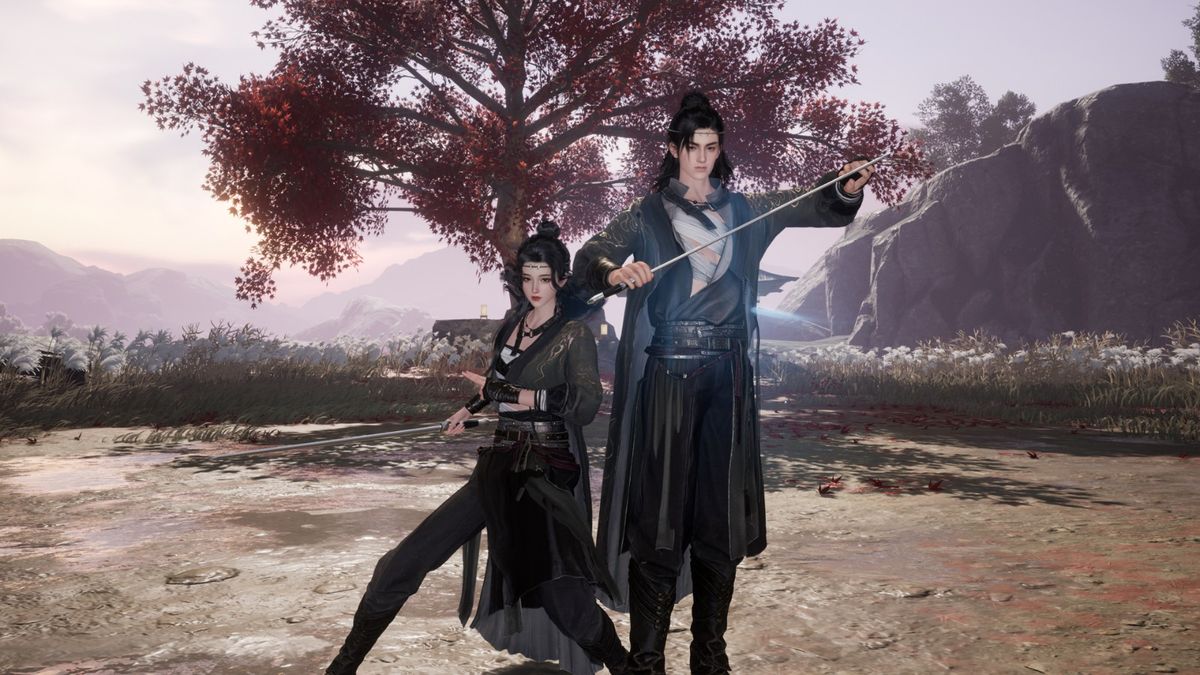 《射雕》新外装【意气生】整体展示图，男女角色身穿古风侠衣，立于山水之间，衣摆随风飘扬，尽显江湖气度