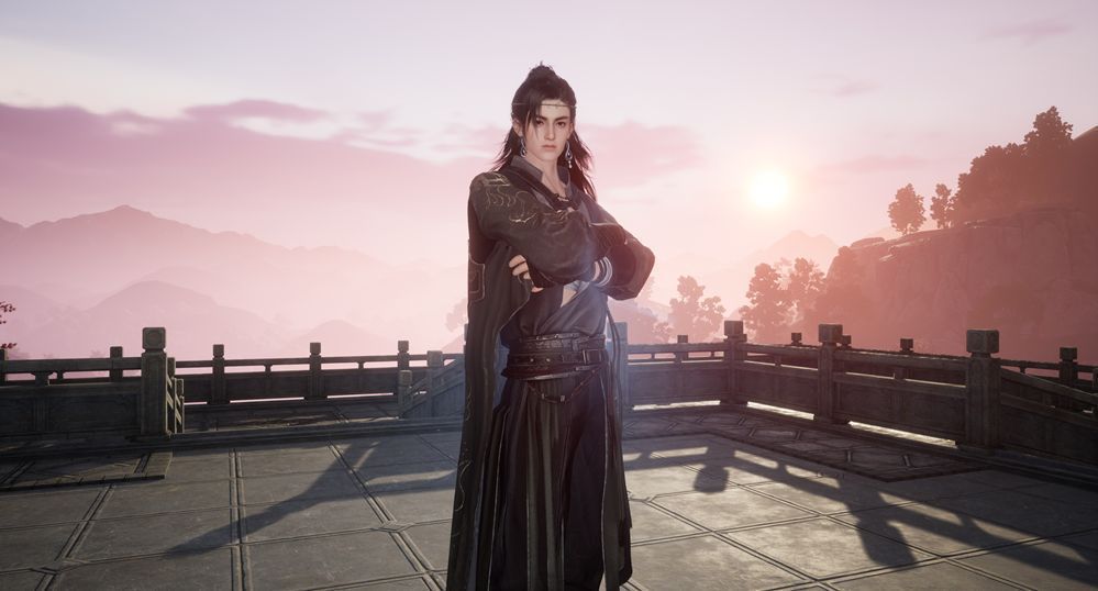 《射雕》【意气生】男女同框展示图，两人并肩而立，背景为夕阳楼阁，画面充满诗意与侠情