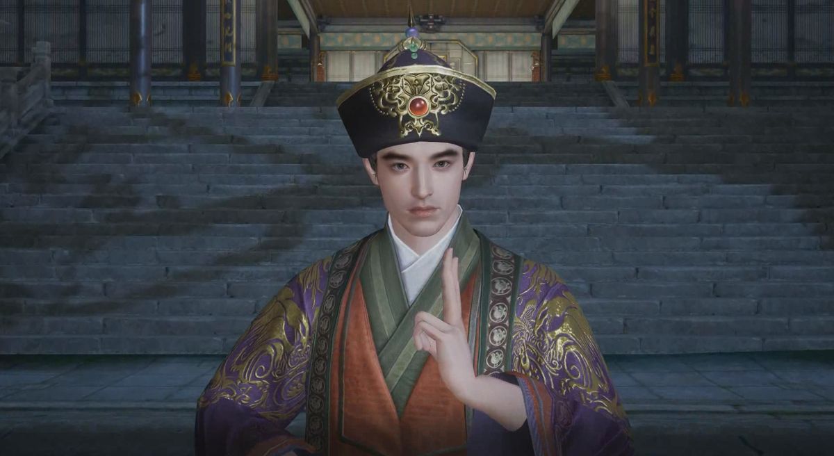 南帝段智兴立于山巅，身披帝王锦袍，周身金光缭绕，手持一阳指蓄势待发