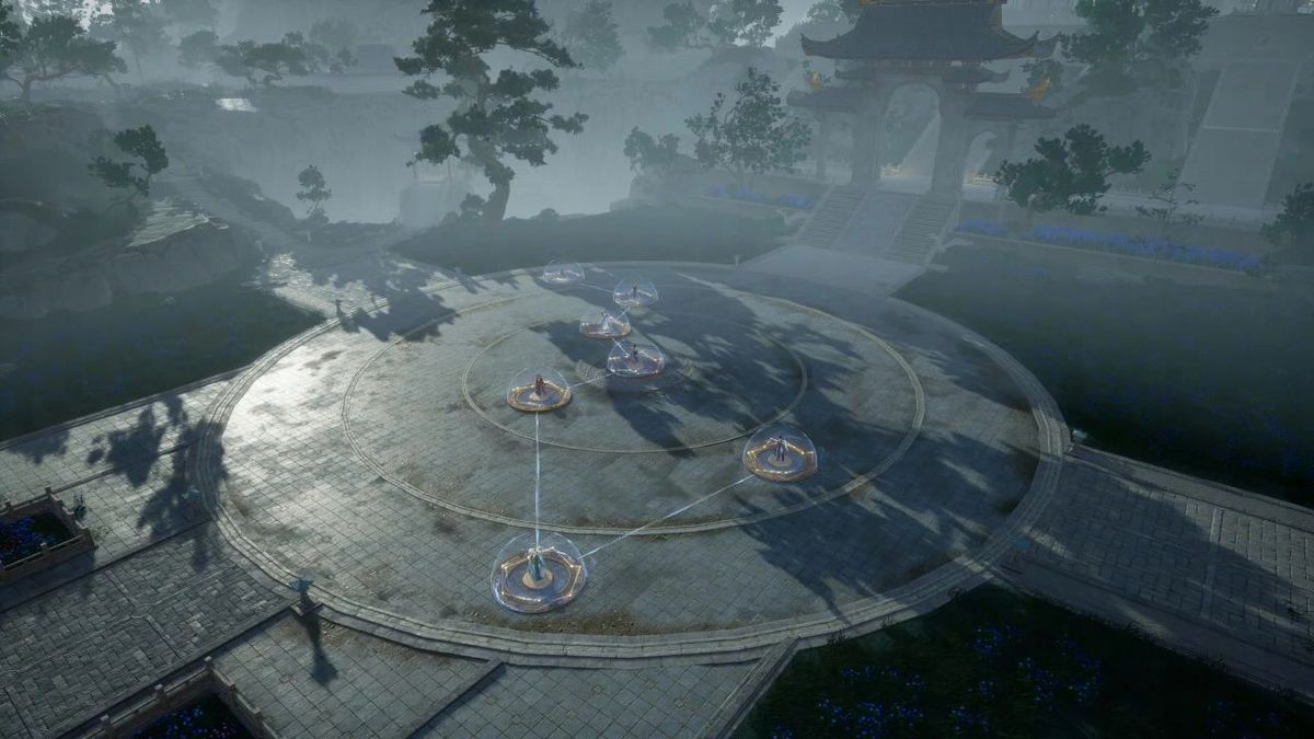 战斗场景中，两名玩家正在围攻马钰与谭处端，背景中其他五子静立星位，光芒闪烁