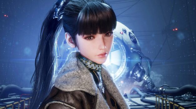 《星刃》游戏宣传图，女主角手持武器站立于未来都市废墟中，背景光影绚丽，充满科幻战斗氛围