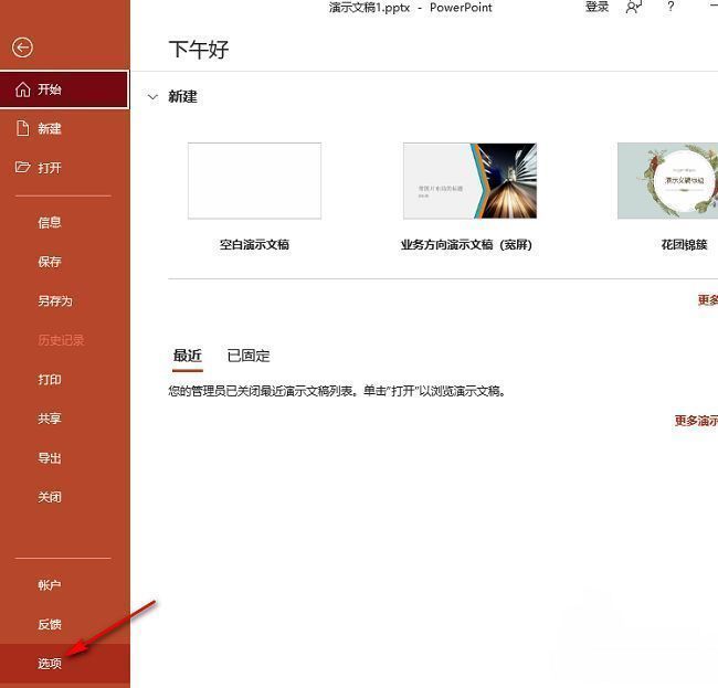 文件页面底部清晰可见‘选项’按钮，鼠标指针正指向该位置