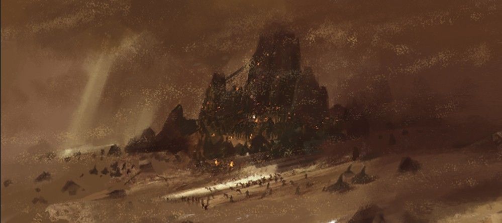 热那度赫沙漠全景俯瞰图，金色沙丘连绵起伏，远处可见风蚀岩林与火山轮廓，天空呈现神秘橙红色调