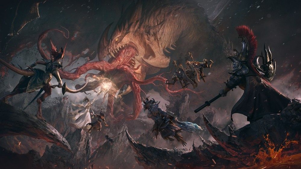 虎人城市沿河而建，白色神殿与木质码头交错，身穿长袍的祭司在河畔举行仪式，背景中有虎爪团战士巡逻