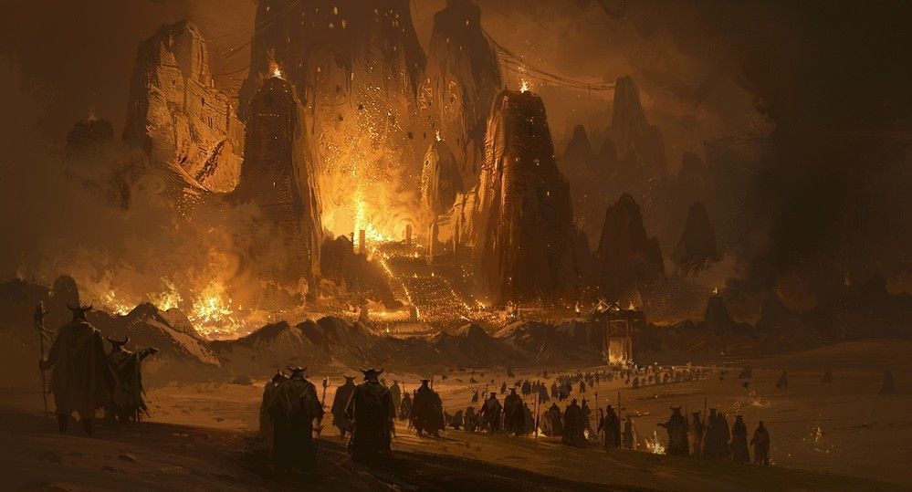 蜥蜴人大萨满站在火山口边缘的金字塔顶端，身披金红长袍，双臂高举，天空电闪雷鸣，岩浆在下方翻滚