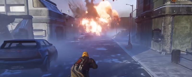 《绝地潜兵2》游戏中玩家使用最后通牒进行飞扑射击的瞬间，角色腾空跃起，手中核弹手枪释放出耀眼能量光束，地面敌人被爆炸气浪掀飞