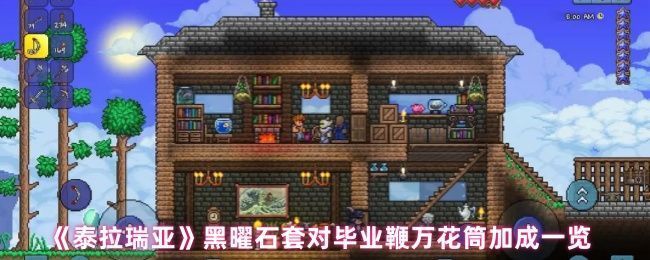 泰拉瑞亚黑曜石套装展示图，角色身穿黑色带火焰特效的盔甲，整体造型酷炫且充满力量感