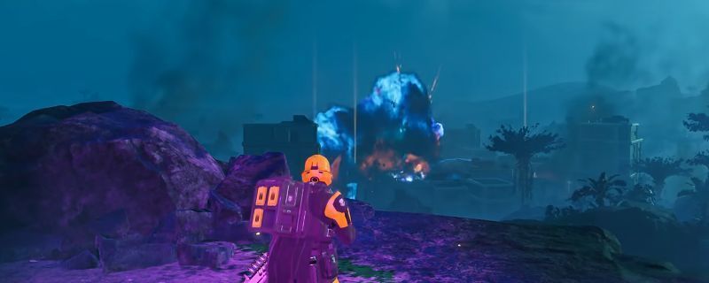 《绝地潜兵2》中玩家使用敬礼射击法的瞬间截图，角色正敬礼后迅速举枪瞄准，枪口火光闪烁，背景为外星战场环境