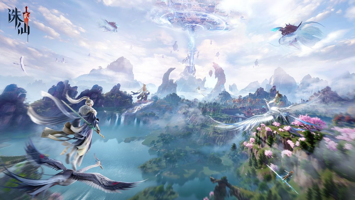 华为门店内玩家正在体验《诛仙2》手游，现场布置充满仙侠氛围，大屏展示游戏精美画面