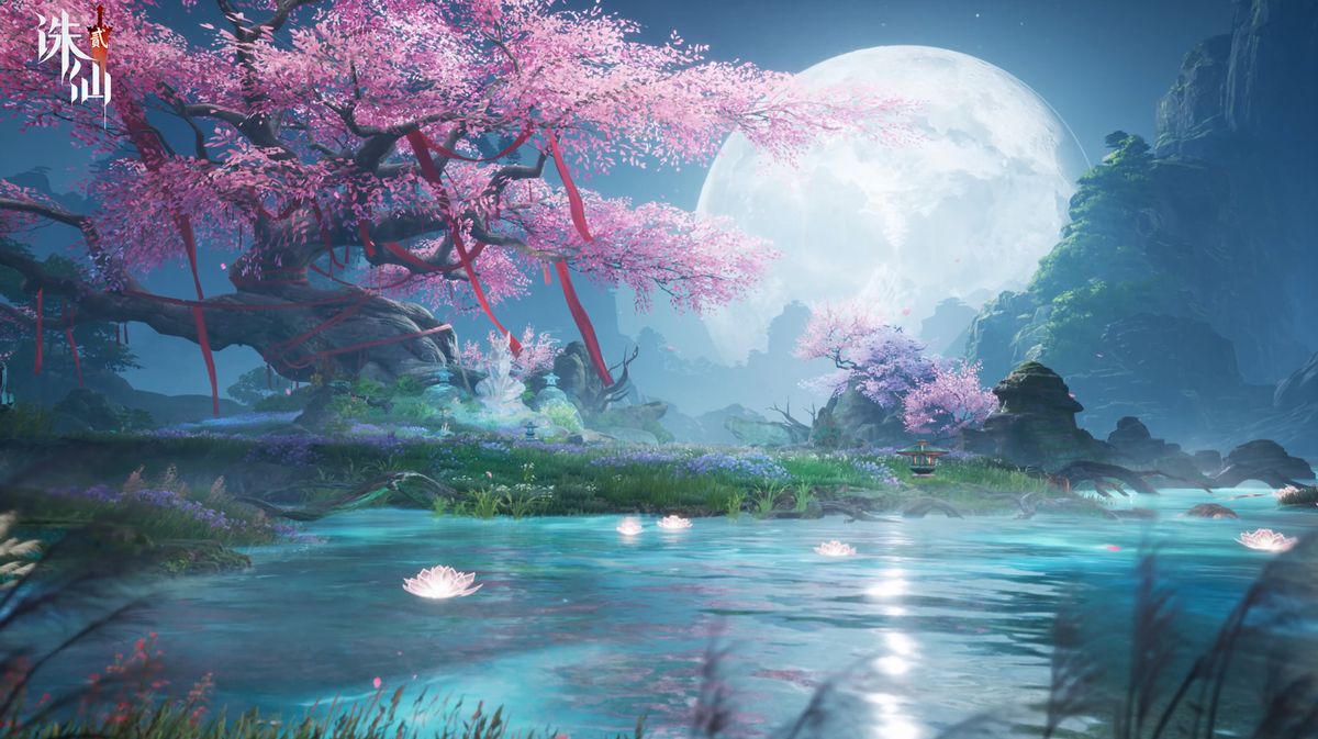 《诛仙2》游戏内场景特写，展示细腻山水与光影效果，角色施法时特效绚丽夺目