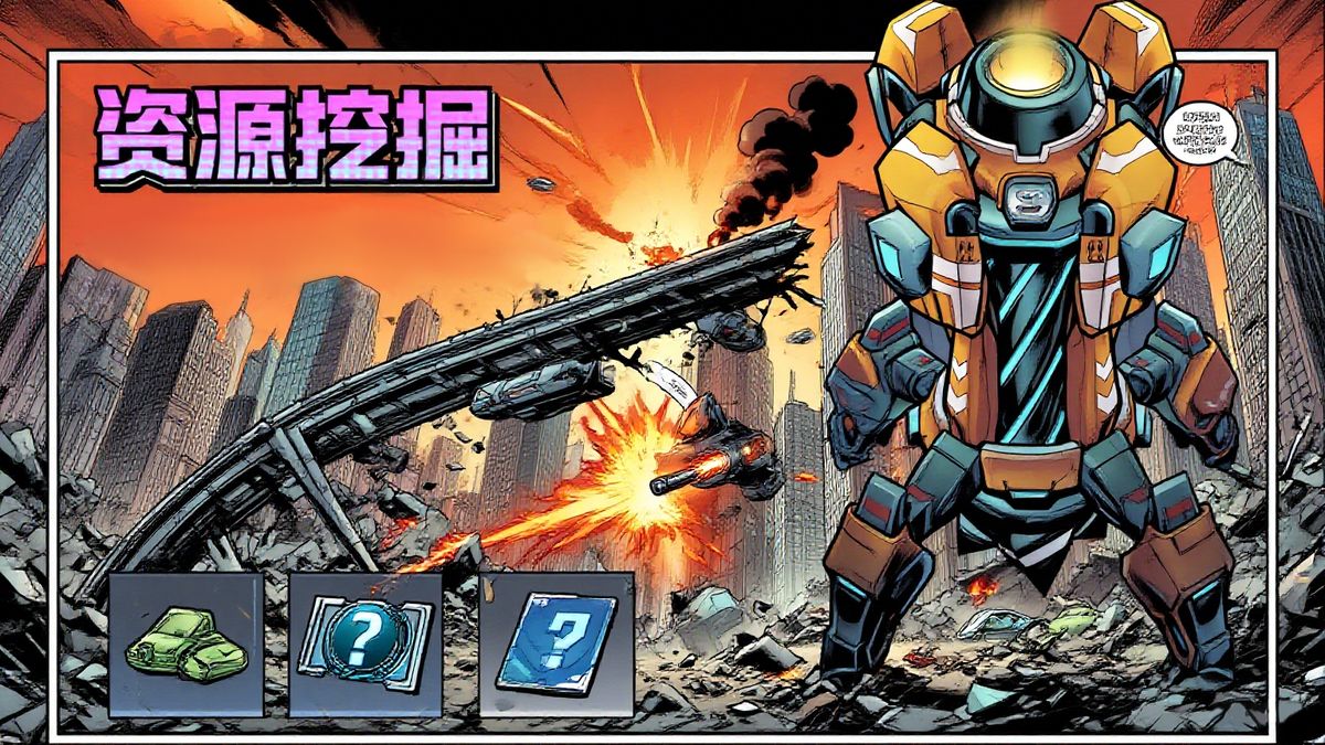 副本战斗场景俯视图，中央为钻探矿机，四周分布四个炮塔建造点，敌人从多个方向逼近