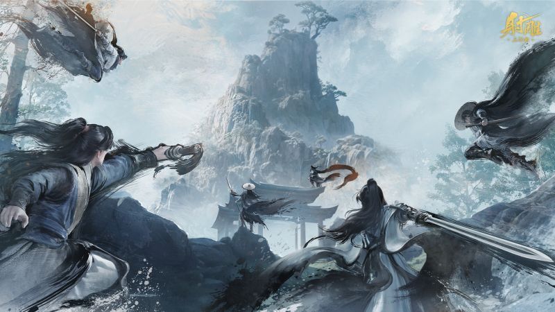 华山之巅玩家激烈对决场景，剑光交错，气势磅礴