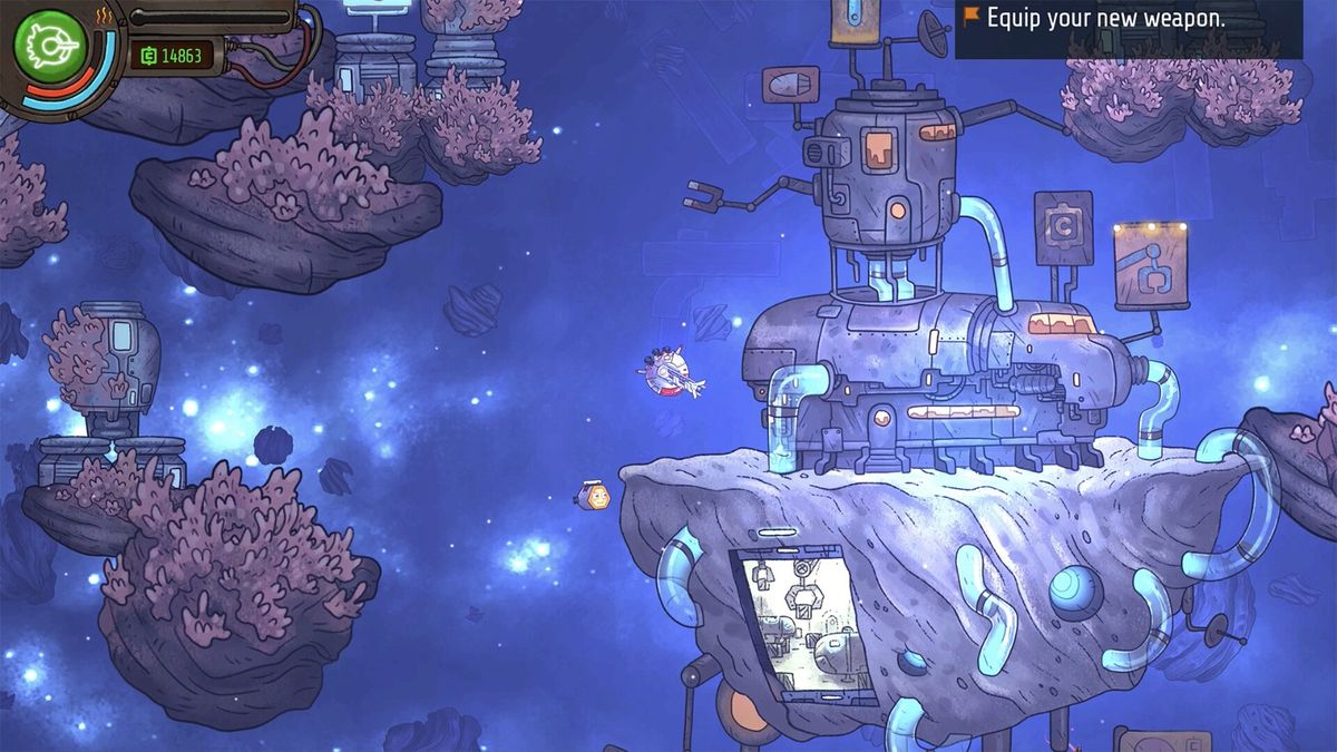 玩家在红色沙漠星球上与三眼外星人互动，背景有巨大环形建筑