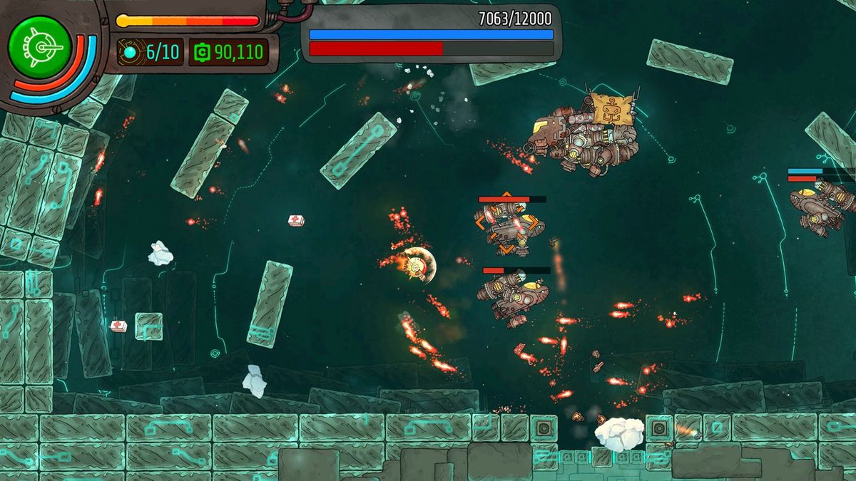 Boss战场景，巨型机械章鱼从地底升起，释放能量光束