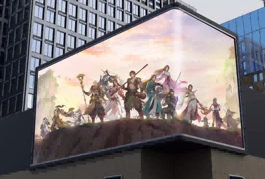 一对游戏角色身着华丽结拜服饰，在瀑布前相视而立，画面充满仪式感与江湖气息