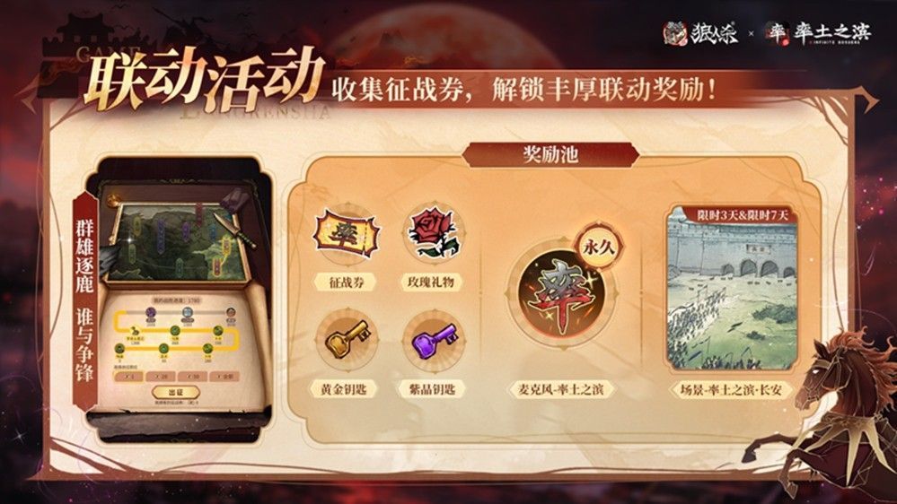 征战券任务界面展示图，左侧为任务列表，右侧为可点亮的《率土之滨》风格势力地图，标注有‘荆州’‘益州’等地名