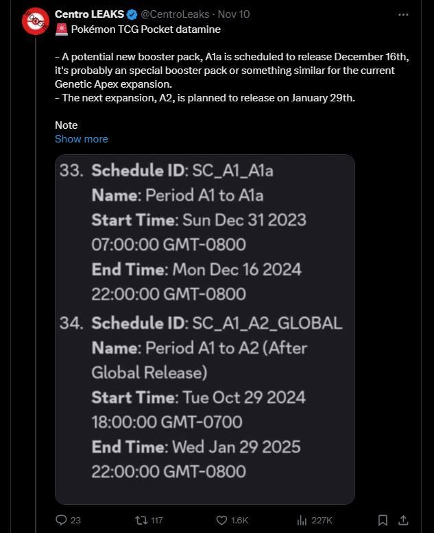 泄露的扩展包时间线图示，标注了A1a卡包与A2扩展包的发布时间节点，附带神秘宝可梦剪影