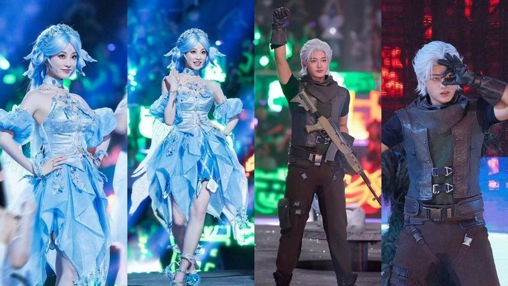 多辆保时捷载具环绕舞台行驶，车身上印有《和平精英》联名涂装