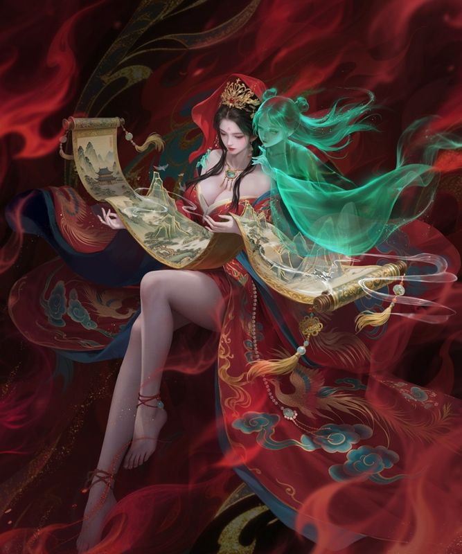 SP角色迟小青立绘，身着红嫁衣，手持墨笔，眼神凄厉而决绝