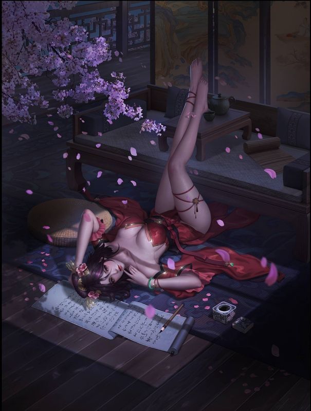 代理死神新皮肤「惜花时」展示图，身穿绯红古装，置身樱花飘落的庭院中