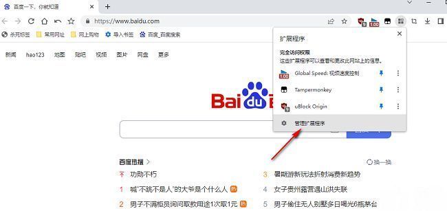 扩展程序管理入口页面，下方列出管理扩展程序的可点击选项