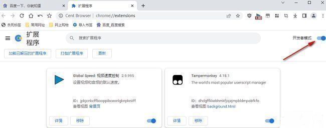 扩展管理页面右上角显示开发者模式开关已开启的状态