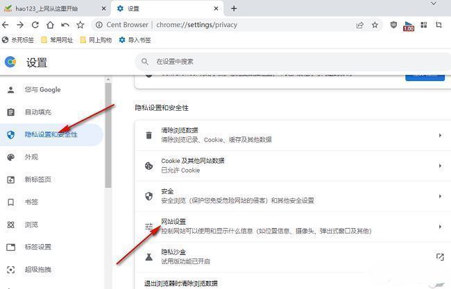 网站设置页面中位置信息选项位于权限列表内