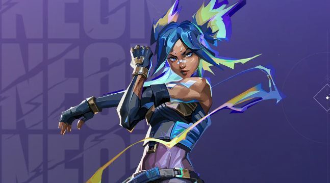 霓虹角色立绘展示，身穿科技感战衣，周身环绕蓝色电弧，眼神坚定望向前方