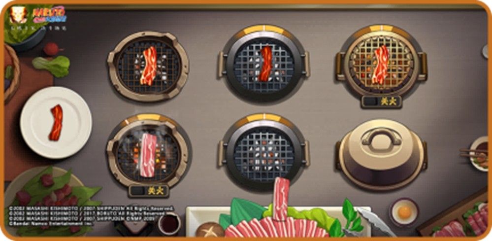 玩家正在操作烤肉小游戏，屏幕上显示不同熟度的肉块，下方忍者头像表情随心情变化