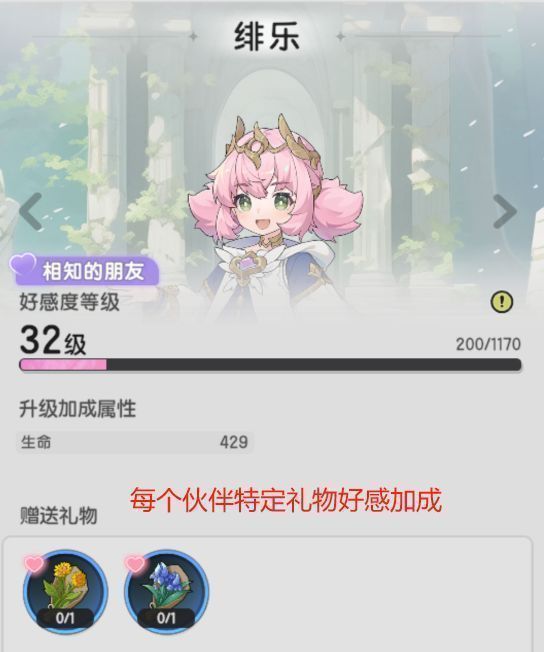 玩家与伙伴互动界面，角色正在赠送礼物，好感度条显示‘友好’状态