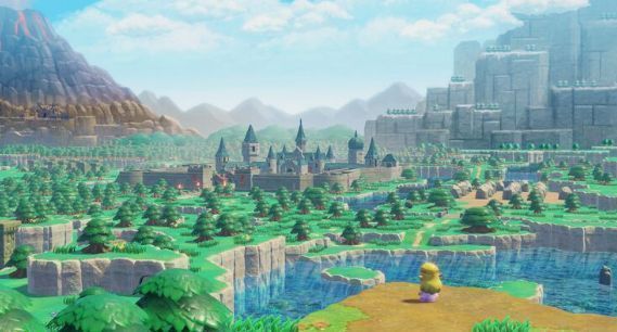 游戏结局画面，塞尔达站在高塔顶端俯瞰重生的世界，阳光洒落，万物复苏