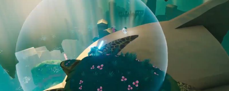 《海之剑》游戏中雾隐沧海区域场景，远处矗立着古老的牛角雕像，近处散落着发光的贝壳，环境充满神秘海洋气息