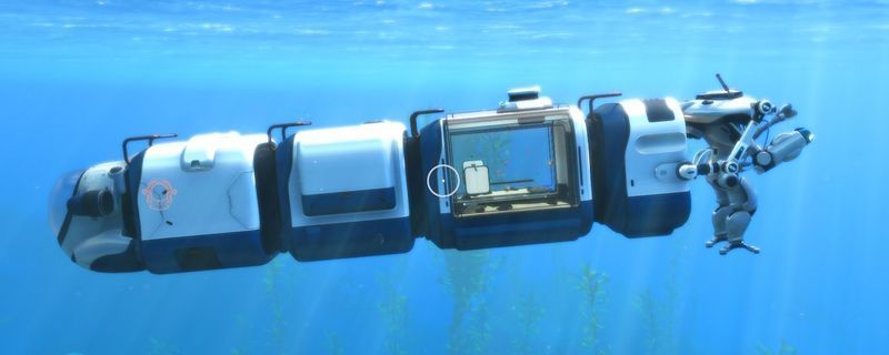 《深海迷航：冰点之下》中先驱者建筑内部场景，蓝色光效环绕的高科技控制台与悬浮装置展现神秘外星科技风格