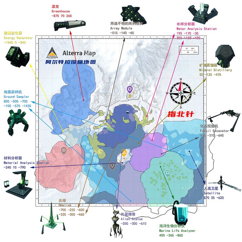 《深海迷航：冰点之下》中的原始底图界面，显示海底地形与多个标记点，红色光点指示先驱者设施可能位置