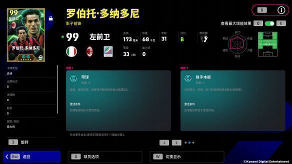 多纳多尼球员卡面展示，总评可达99分，上阵最大总评104分